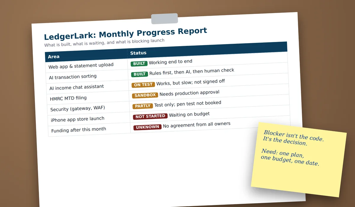 A one-page progress report showing which parts of LedgerLark are built, on test, in sandbox or not started, with a sticky note saying the blocker is the decision, not the code.